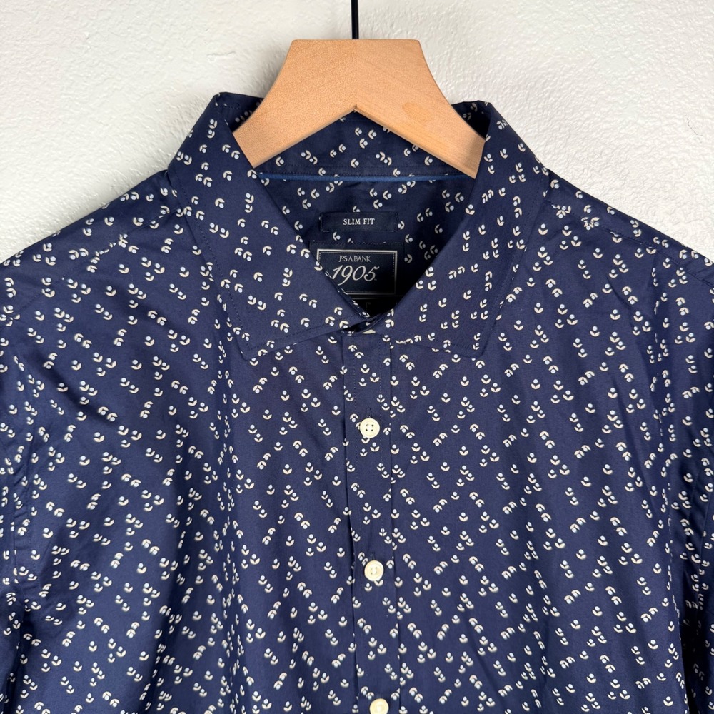 Jos A Bank 1905 Slim Fit Navy Blue Floral Print Button Up Shirt Cotton Twill XL